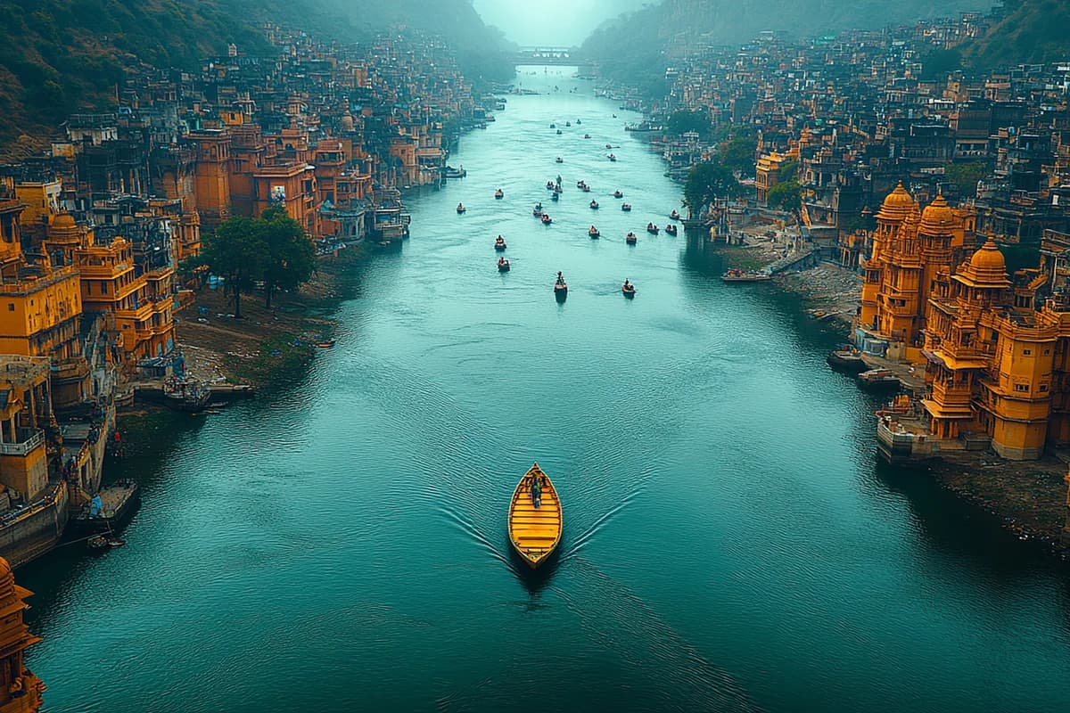 An aerial view of the Ganges and a riverside city — Air Suvidha 2.0 guide for UK travellers to India